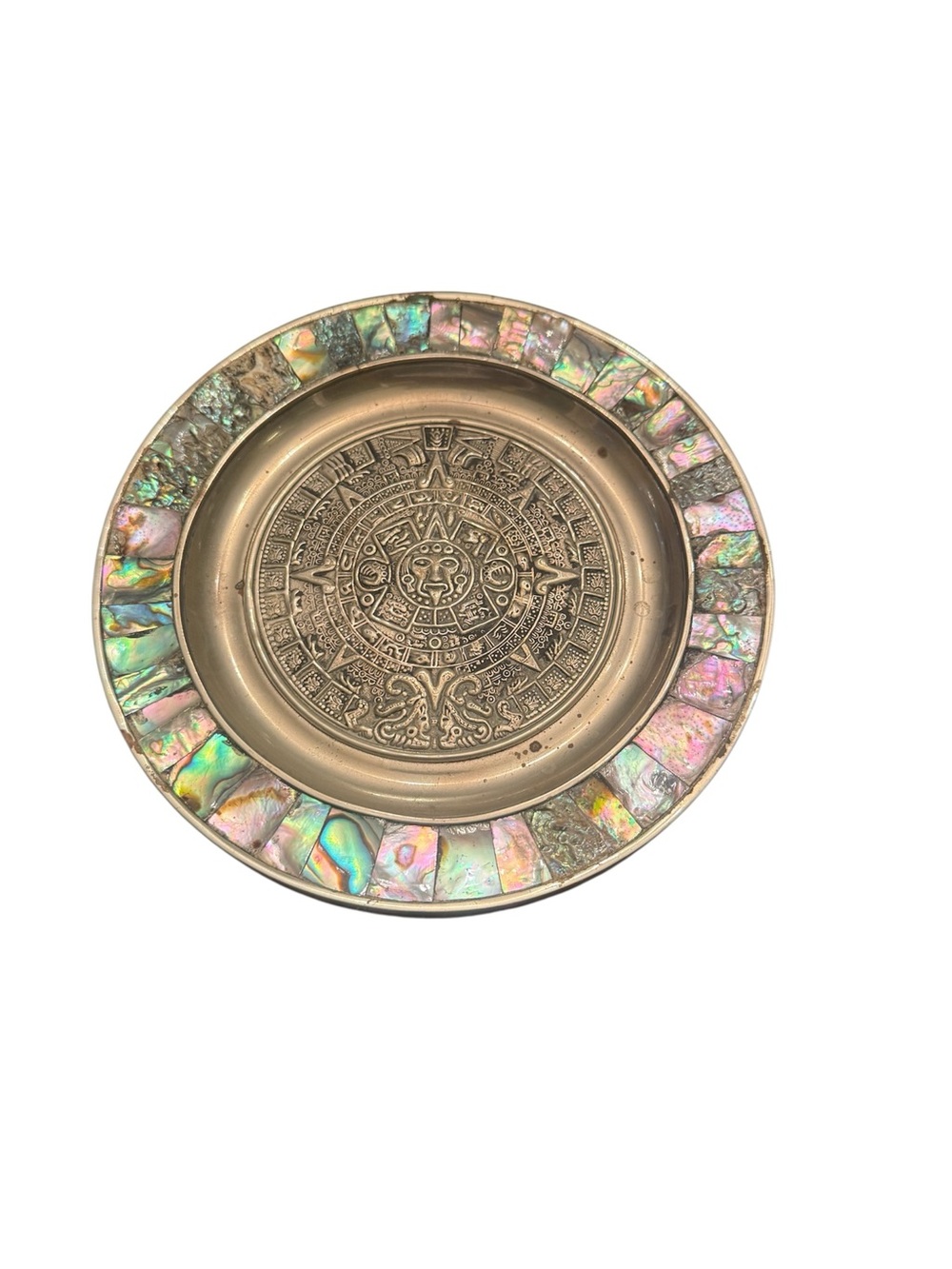 Mexico Alpaca Silver Aztec Mother
Pearl Abalone Shell Plate Plaque
1950's Mayan